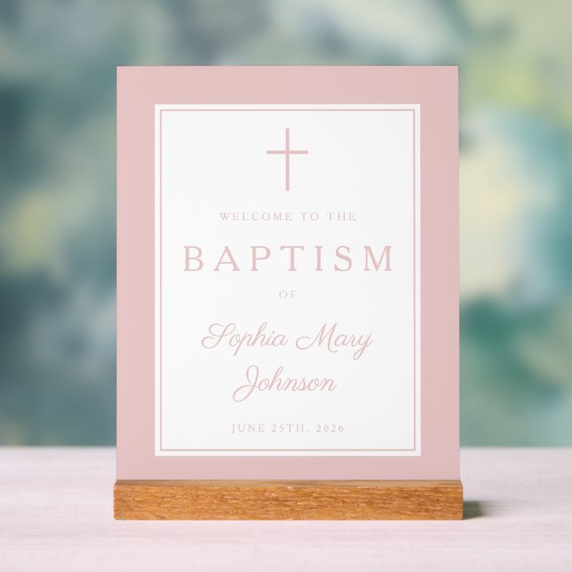 Elegant Pink Cross Girl Baptism Welcome Acrylschild (Neutral)
