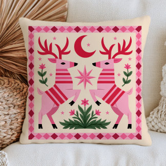 Elegant Pink Deers Bohemian Woodland Folk Art Kissen