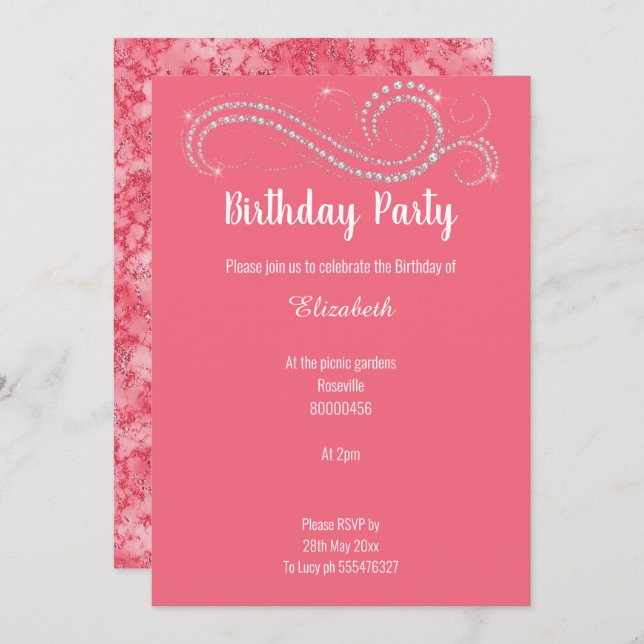 ELEGANT PINK DIAMOND MARBLE BIRTHDAY PARTEI EINLADUNG (Vorne/Hinten)