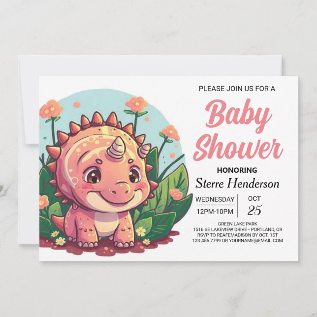 Elegant Pink Dinosaur Girl Baby Shower Einladung (Vorderseite)