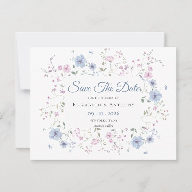 Elegant Pink & Dusty Blue Floral Wedding  Save The Date (Vorderseite)