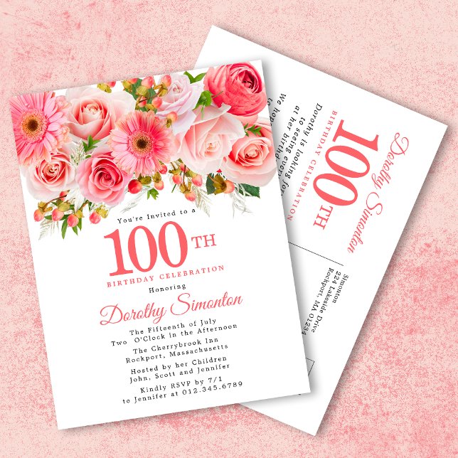 Elegant Pink Floral 100. Geburtstag Einladungspostkarte (Von Creator hochgeladen)
