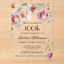 Elegant Pink Floral 100. Geburtstagsparty Acryleinladungen