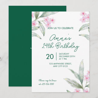 Elegant Pink Floral 24th Birthday Invitation Einladung