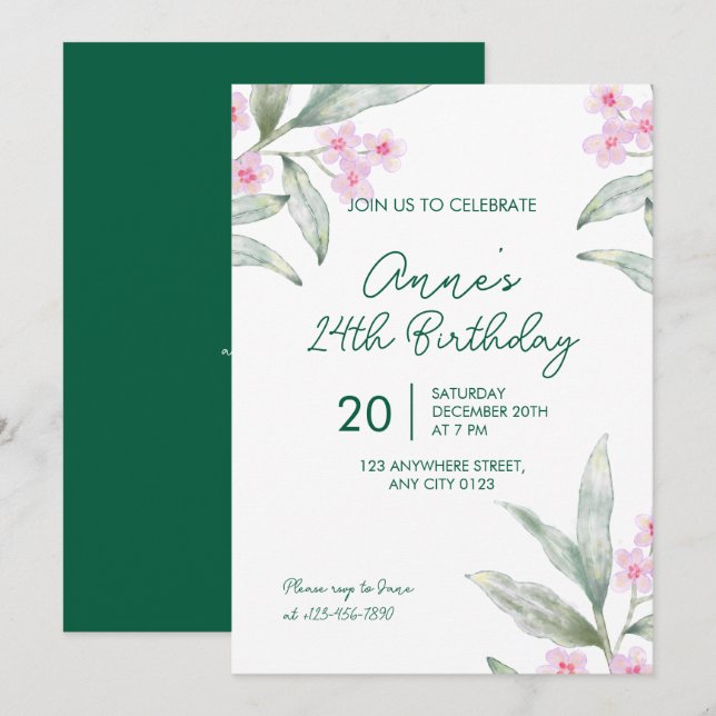 Elegant Pink Floral 24th Birthday Invitation Einladung (Vorne/Hinten)