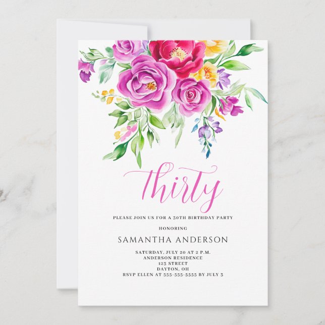 Elegant Pink Floral 30. Geburtstag Einladung (Vorderseite)