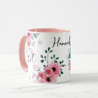 Elegant Pink Floral 50. Geburtstag Zweittonname Tasse