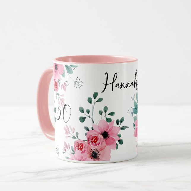 Elegant Pink Floral 50. Geburtstag Zweittonname Tasse (Vorderseite Links)