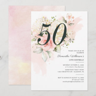 Elegant Pink Floral 50. Geburtstagsparty Einladung