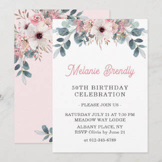 Elegant Pink Floral 50. Geburtstagsparty Einladung