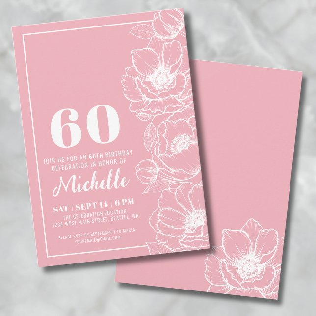 Elegant Pink Floral 60. Geburtstag Einladung (Elegant Pink Floral 60th Birthday Invitation)