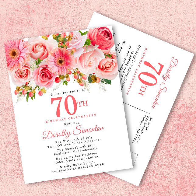 Elegant Pink Floral 70. Geburtstag Einladungspostkarte (Von Creator hochgeladen)