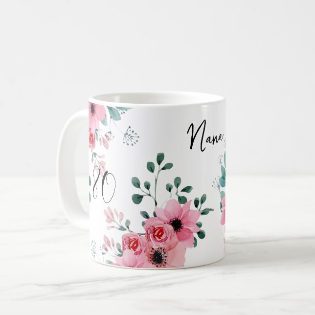 Elegant Pink Floral 80. Geburtstag Nana Kaffeetasse (Vorderseite Links)
