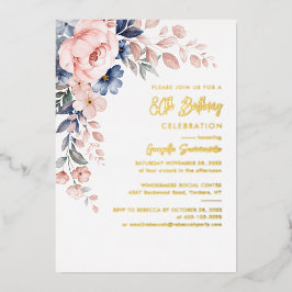 Elegant Pink Floral 80. Geburtstagsparty Gold Folieneinladung