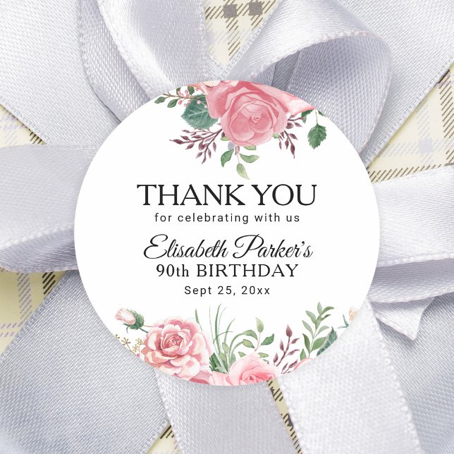 Elegant pink floral 90th birthday thank you runder aufkleber (Von Creator hochgeladen)