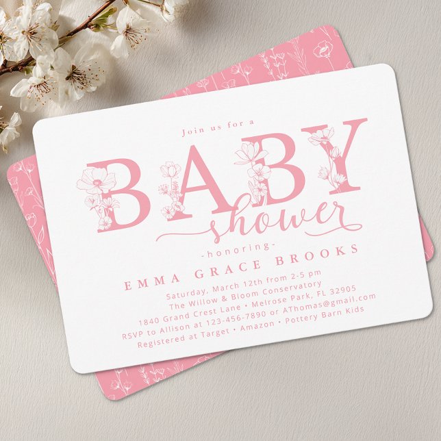 Elegant Pink Floral Baby Shower Typography Einladung (Pink Floral Baby Shower Invite)