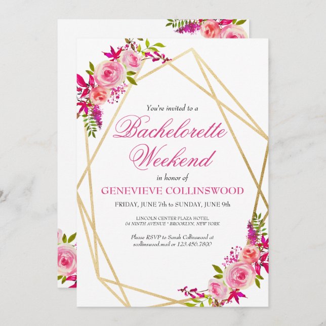 Elegant PInk Floral Bachelorette Weekend Tour Einladung (Vorne/Hinten)