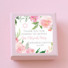 Elegant Pink Floral Bat Mitzvah Party Custom Quadratischer Aufkleber