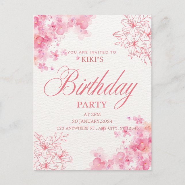 Elegant Pink Floral Birthday Invitation Ankündigungspostkarte (Vorderseite)