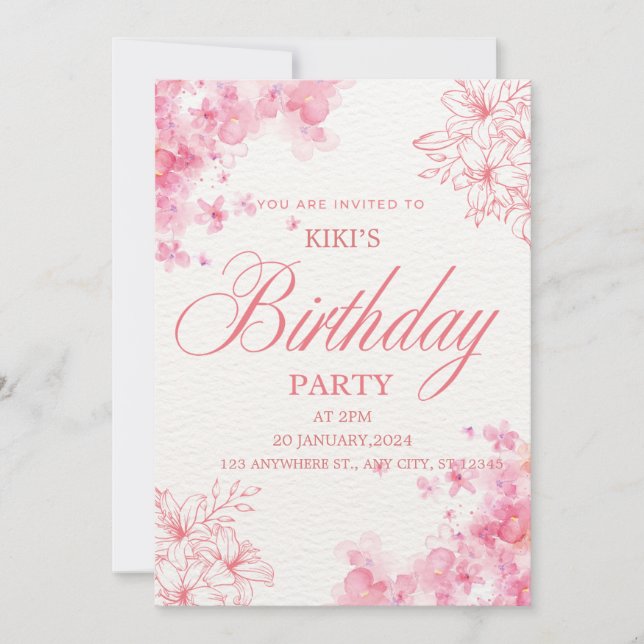 Elegant Pink Floral Birthday Invitation Save The Date (Vorderseite)
