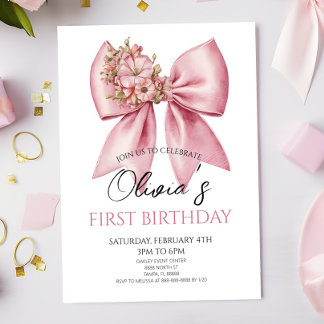 Elegant Pink Floral Bow Birthday Party Einladung