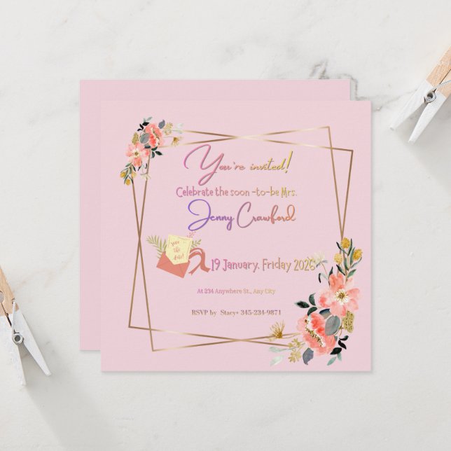 Elegant Pink Floral Bridal Shower Invitation | Mod Einladung (Vorderseite/Rückseite Beispiel)
