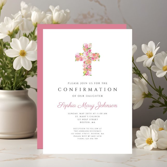 Elegant Pink Floral Cross Girl Confirmation Einladung (Elegant Pink Floral Cross Girl Confirmation Invitation)