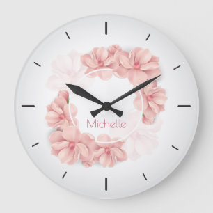 Elegant Pink Floral Custom Name Wall Clock Große Wanduhr