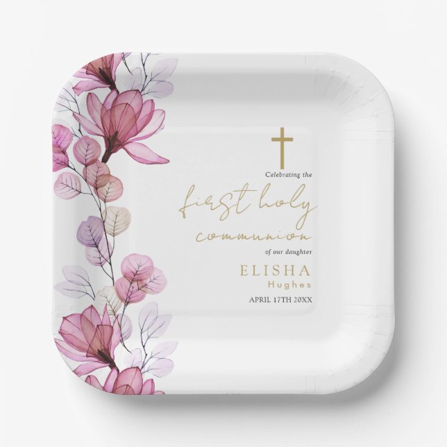 Elegant Pink Floral First Holy Communion Pappteller (Vorderseite)