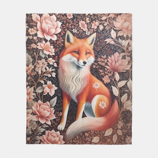Elegant Pink Floral Fox William Morris Inspiriert Fleecedecke (Vorderseite)