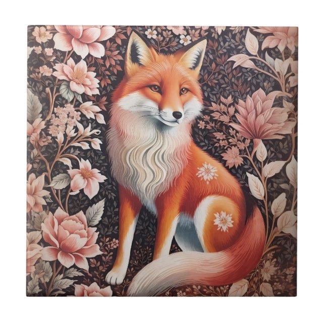 Elegant Pink Floral Fox William Morris Inspiriert Fliese (Vorderseite)