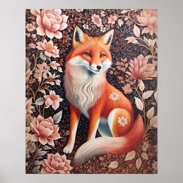 Elegant Pink Floral Fox William Morris Inspiriert Poster (Vorne)