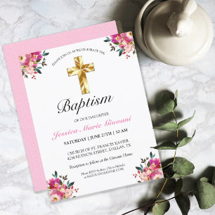 Elegant PInk Floral Gold Cross Taufen Einladung