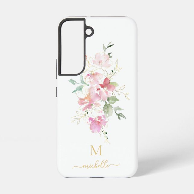 Elegant Pink Floral Gold Script Monogram Samsung Galaxy Hülle (Rückseite)