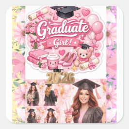 Elegant Pink Floral Graduation Party baner Quadratischer Aufkleber