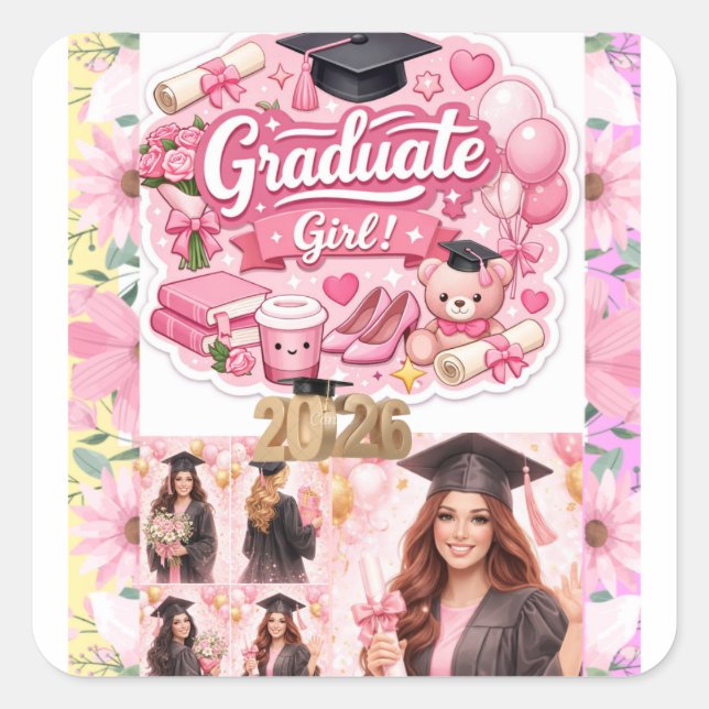 Elegant Pink Floral Graduation Party baner Quadratischer Aufkleber (Vorderseite)