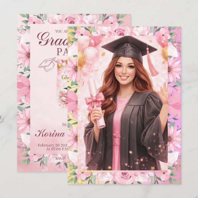 Elegant Pink Floral Graduation Party Invitation Einladung (Vorne/Hinten)