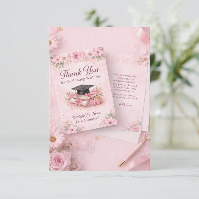 Elegant Pink Floral Graduation Party thank you car Dankeskarte (Stehend Vorderseite)
