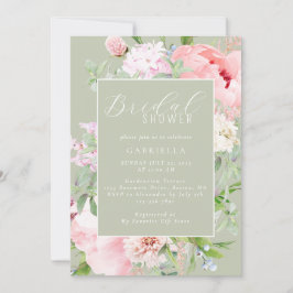 Elegant Pink Floral Light Sage Green Bridal Shower Einladung