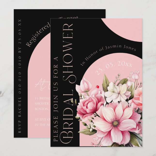 Elegant Pink Floral Modern Bridal Shower Einladung (Vorne/Hinten)