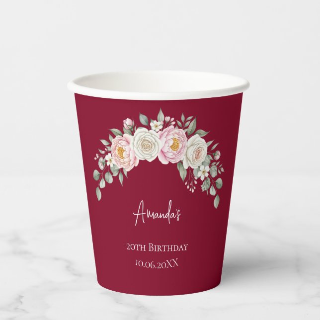Elegant Pink Floral Personalized Disposable Cup Pappbecher (Vorderseite)