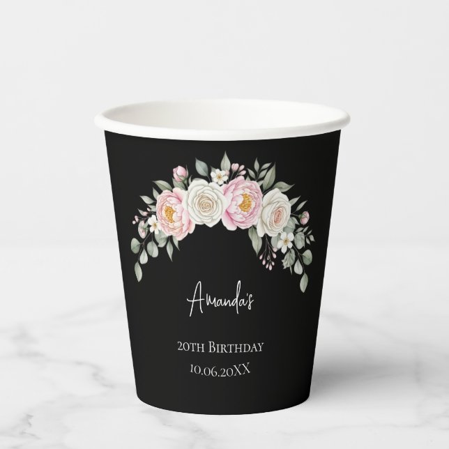 Elegant Pink Floral Personalized Disposable Cup Pappbecher (Vorderseite)