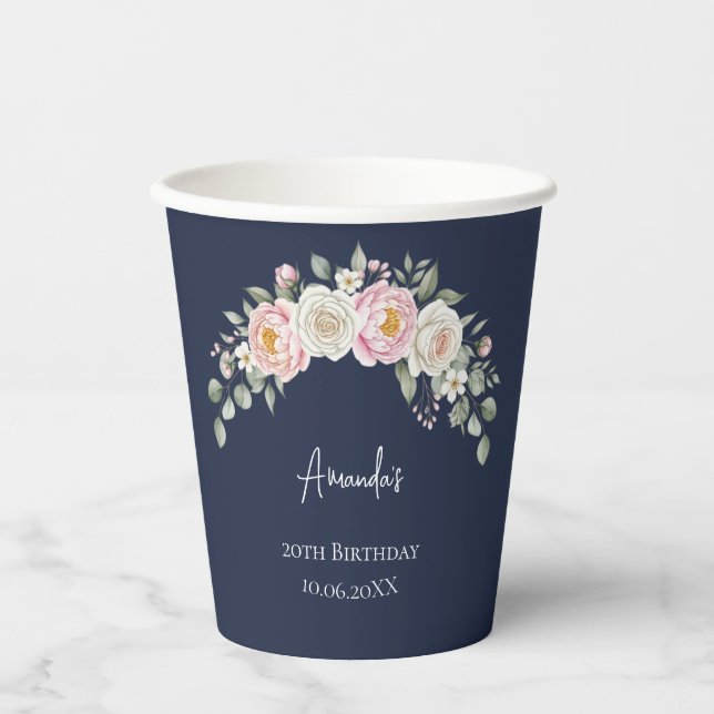 Elegant Pink Floral Personalized Disposable Cup Pappbecher (Vorderseite)