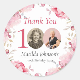 Elegant Pink Floral Photo 100th Birthday Thank You Runder Aufkleber