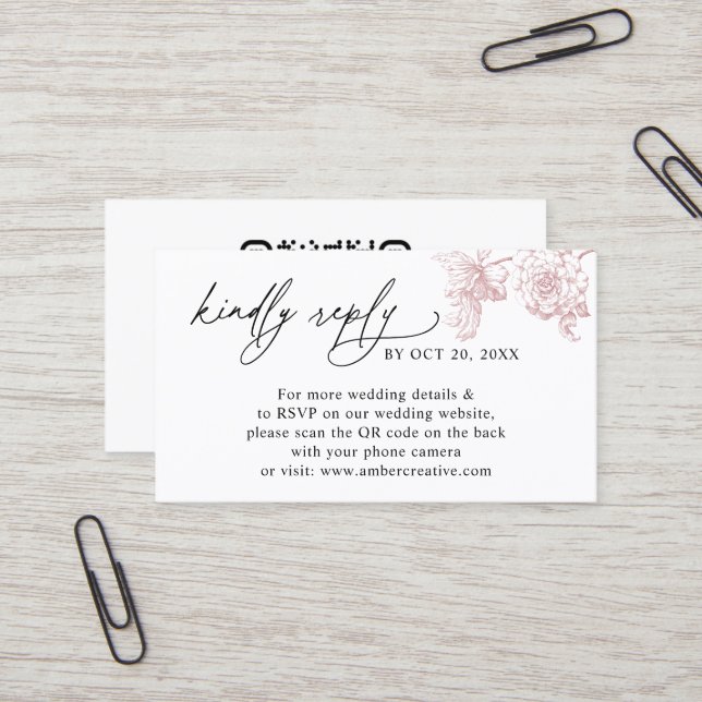 Elegant Pink Floral QR code Wedding RSVP Small  Visitenkarte (Vorderseite/Rückseite Beispiel)