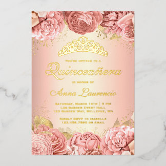 Elegant Pink Floral Quinceanera 15. Geburtstag Folieneinladung