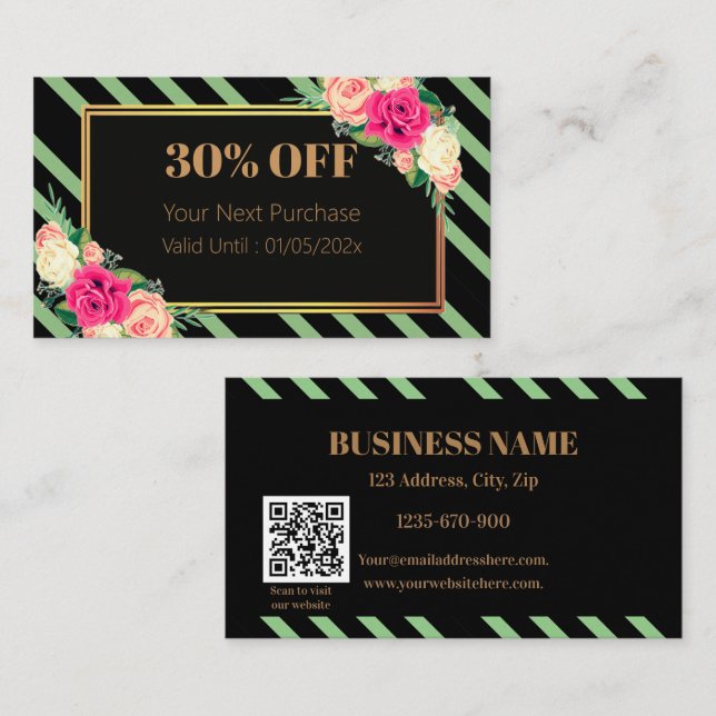 Elegant Pink Floral Stripes QR Code Discount Card Rabattkarte (Vorne/Hinten)
