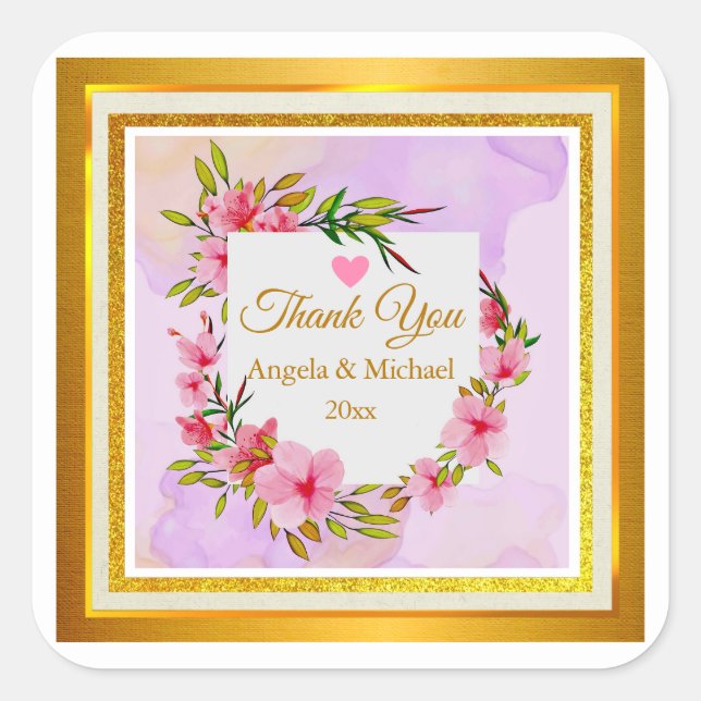 Elegant Pink Floral Thank You Wedding Favor Quadratischer Aufkleber (Vorderseite)