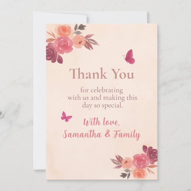 Elegant Pink Floral Watercolor 1st Birthday Dankeskarte (Vorderseite)