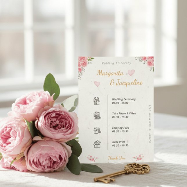 Elegant Pink Floral Wedding Itinerary Timeline  Begleitkarte (Von Creator hochgeladen)